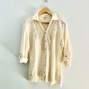 Women’s Gauze Lace Crochet Blouse Top Beige Cream Sz S Boho Peasant‎ Cottagecore